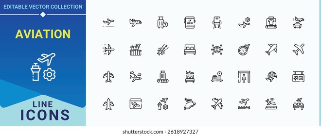 Conjunto de iconos de aviación. Incluye símbolos para el transporte, viaje, boleto, avión y más. Conjunto de iconos relacionados con el aeropuerto. Iconos de estilo de línea delgada moderna. Píxel perfecto. Trazo editable.