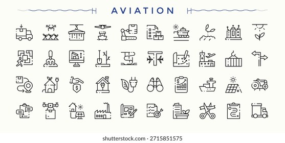 Luftfahrtsymbol im linearen Stil. Air Bus-Vektorliniensymbolsatz. Moderne Symbole für dünne Linien. Verwandt mit Reisen, Flugzeug, Transport, Flug, Jet und mehr. Vektorgrafik-Kollektionen.