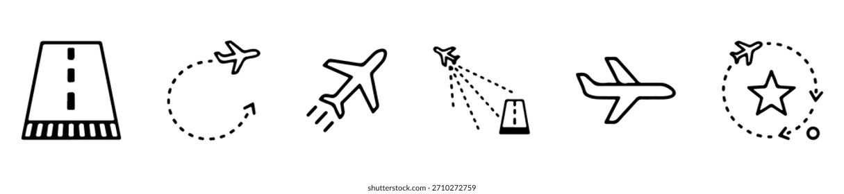 Un conjunto de iconos de aviación que muestra el despegue, el vuelo, la torre de control y la llegada. Ideal para viajes o imágenes de navegación.