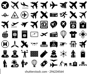 Aviation Icon Set. These flat icons use black color. Vector images are isolated on a white background.