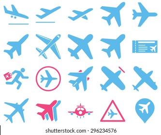 Aviation Icon Set. These flat bicolor icons use pink and blue colors. Vector images are isolated on a white background.