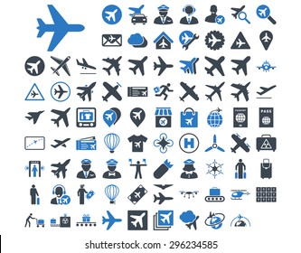 Aviation Icon Set. These flat bicolor icons use smooth blue colors. Vector images are isolated on a white background.