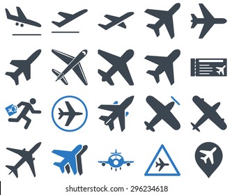 Aviation Icon Set. These flat bicolor icons use smooth blue colors. Vector images are isolated on a white background.