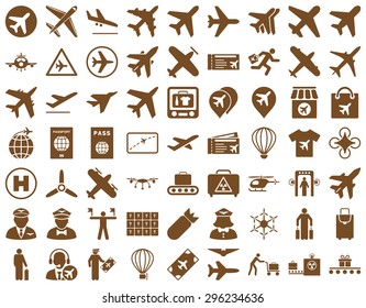 Aviation Icon Set. These flat icons use brown color. Vector images are isolated on a white background.