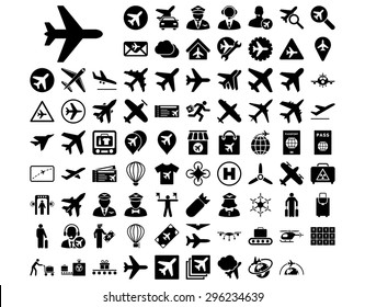 Aviation Icon Set. These flat icons use black color. Vector images are isolated on a white background.