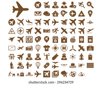 Aviation Icon Set. These flat icons use brown color. Vector images are isolated on a white background.