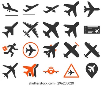 Aviation Icon Set. These flat bicolor icons use orange and gray colors. Vector images are isolated on a white background.