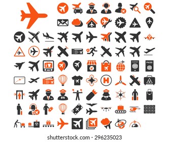 Aviation Icon Set. These flat bicolor icons use orange and gray colors. Vector images are isolated on a white background.