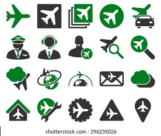 Aviation Icon Set. These flat bicolor icons use green and gray colors. Vector images are isolated on a white background.