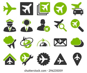 Aviation Icon Set. These flat bicolor icons use eco green and gray colors. Vector images are isolated on a white background.