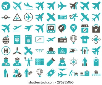 Aviation Icon Set. These flat bicolor icons use grey and cyan colors. Vector images are isolated on a white background.