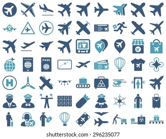 Aviation Icon Set. These flat bicolor icons use cyan and blue colors. Vector images are isolated on a white background.