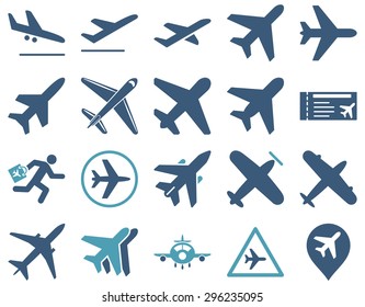Aviation Icon Set. These flat bicolor icons use cyan and blue colors. Vector images are isolated on a white background.