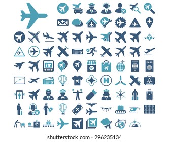 Aviation Icon Set. These flat bicolor icons use cyan and blue colors. Vector images are isolated on a white background.