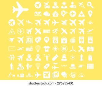 Aviation Icon Set. These flat icons use white color. Vector images are isolated on a yellow background.