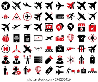 Aviation Icon Set. These flat bicolor icons use intensive red and black colors. Vector images are isolated on a white background.