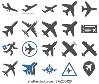 Aviation Icon Set. These flat bicolor icons use cobalt and gray colors. Vector images are isolated on a white background.