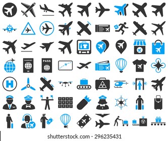 Aviation Icon Set. These flat bicolor icons use blue and gray colors. Vector images are isolated on a white background.