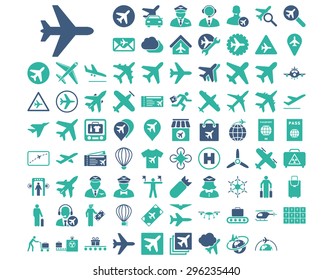 Aviation Icon Set. These flat bicolor icons use cobalt and cyan colors. Vector images are isolated on a white background.