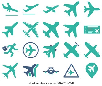 Aviation Icon Set. These flat bicolor icons use cobalt and cyan colors. Vector images are isolated on a white background.