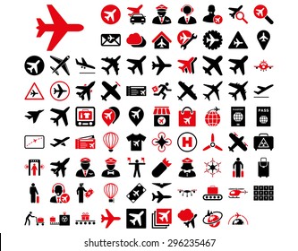 Aviation Icon Set. These flat bicolor icons use intensive red and black colors. Vector images are isolated on a white background.