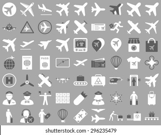 Aviation Icon Set. These flat bicolor icons use dark gray and white colors. Vector images are isolated on a silver background.