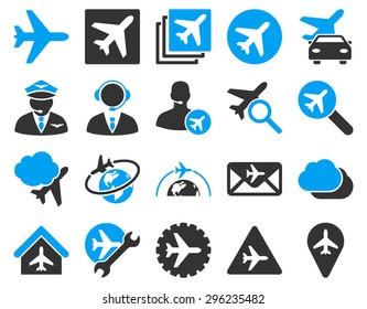 Aviation Icon Set. These flat bicolor icons use blue and gray colors. Vector images are isolated on a white background.