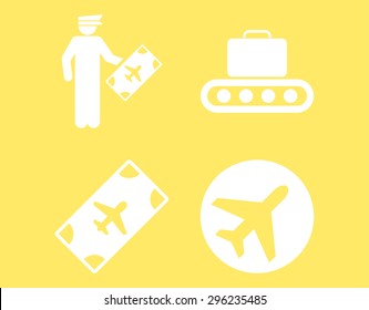 Aviation Icon Set. These flat icons use white color. Vector images are isolated on a yellow background.