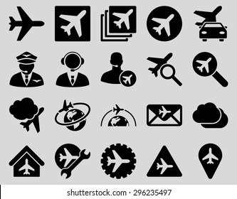 Aviation Icon Set. These flat icons use black color. Vector images are isolated on a light gray background.