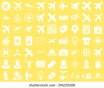 Aviation Icon Set. These flat icons use white color. Vector images are isolated on a yellow background.