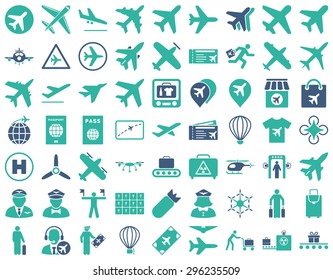 Aviation Icon Set. These flat bicolor icons use cobalt and cyan colors. Vector images are isolated on a white background.
