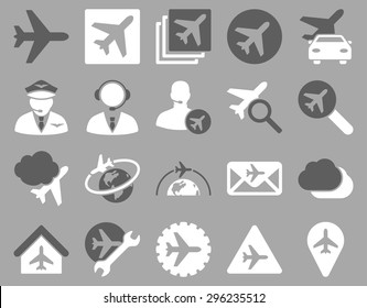 Aviation Icon Set. These flat bicolor icons use dark gray and white colors. Vector images are isolated on a silver background.