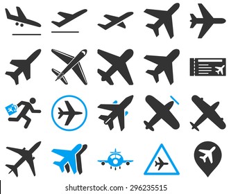 Aviation Icon Set. These flat bicolor icons use blue and gray colors. Vector images are isolated on a white background.