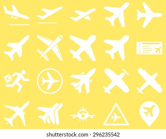 Aviation Icon Set. These flat icons use white color. Vector images are isolated on a yellow background.