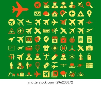 Aviation Icon Set. These flat bicolor icons use orange and yellow colors. Vector images are isolated on a green background.