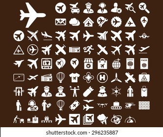 Aviation Icon Set. These flat icons use white color. Vector images are isolated on a brown background.