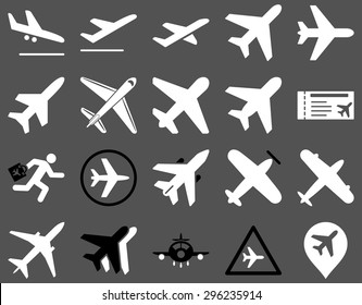 Aviation Icon Set. These flat bicolor icons use black and white colors. Vector images are isolated on a gray background.