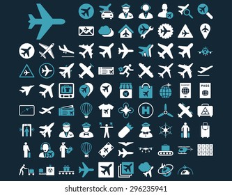 Aviation Icon Set. These flat bicolor icons use blue and white colors. Vector images are isolated on a dark blue background.