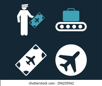Aviation Icon Set. These flat bicolor icons use blue and white colors. Vector images are isolated on a dark blue background.