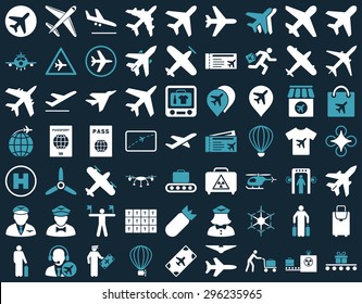 Aviation Icon Set. These flat bicolor icons use blue and white colors. Vector images are isolated on a dark blue background.