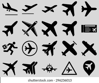 Aviation Icon Set. These flat icons use black color. Vector images are isolated on a light gray background.