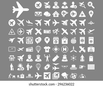 Aviation Icon Set. These flat icons use white color. Vector images are isolated on a gray background.