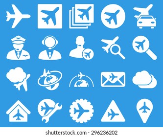 Aviation Icon Set. These flat icons use white color. Vector images are isolated on a blue background.