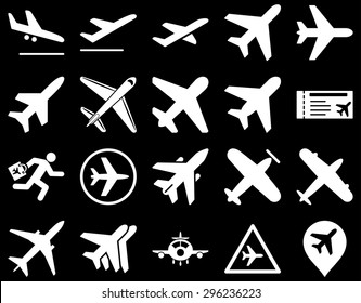 Aviation Icon Set. These flat icons use white color. Vector images are isolated on a black background.