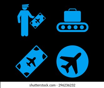Aviation Icon Set. These flat icons use blue color. Vector images are isolated on a black background.