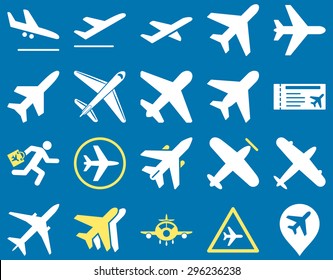 Aviation Icon Set. These flat bicolor icons use yellow and white colors. Vector images are isolated on a blue background.