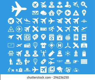 Aviation Icon Set. These flat icons use white color. Vector images are isolated on a blue background.