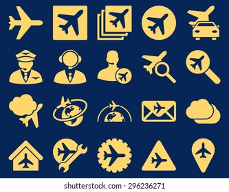 Aviation Icon Set. These flat icons use yellow color. Vector images are isolated on a blue background.