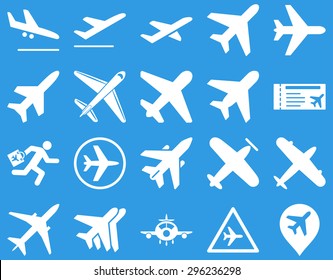 Aviation Icon Set. These flat icons use white color. Vector images are isolated on a blue background.