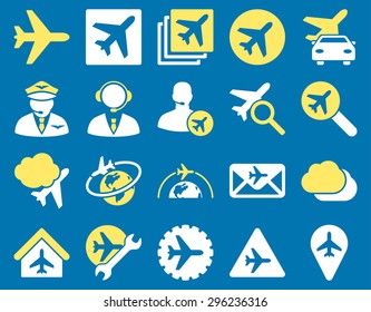 Aviation Icon Set. These flat bicolor icons use yellow and white colors. Vector images are isolated on a blue background.